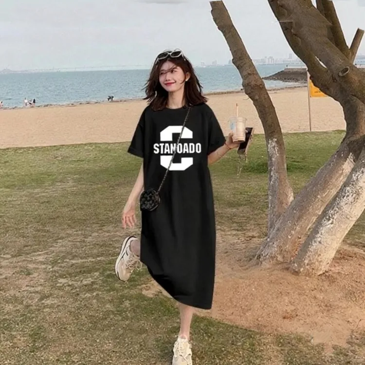 夏季女款薄款宽松韩版G字母印花长款连衣裙