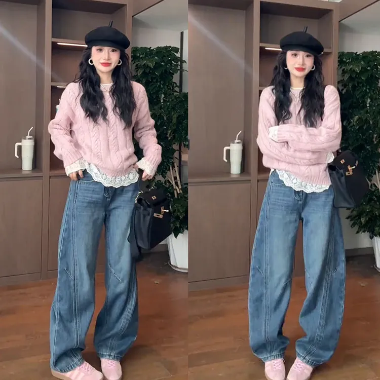 【现货】流行穿搭一整套2025新款蕾丝打底衫毛衣弯刀牛仔裤三件套