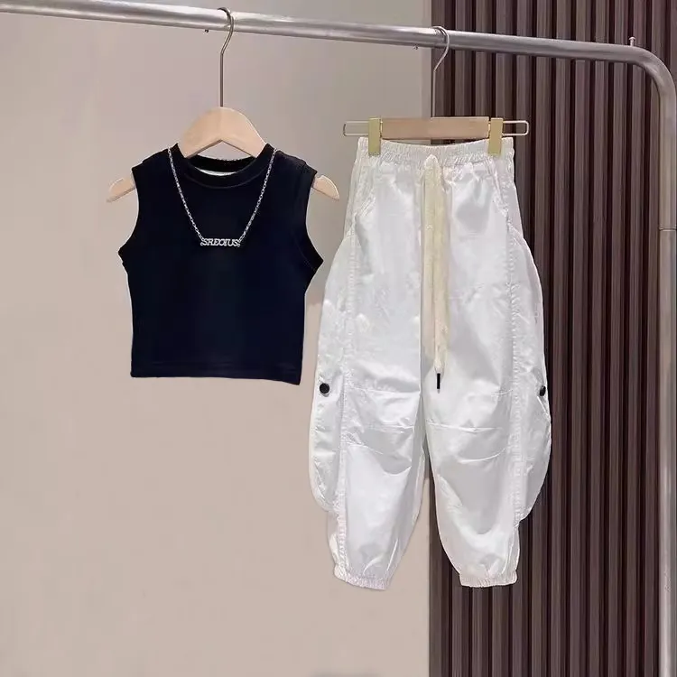女童夏季薄款工装裤套装儿童装夏季宽松洋气小女孩白色休闲防蚊裤
