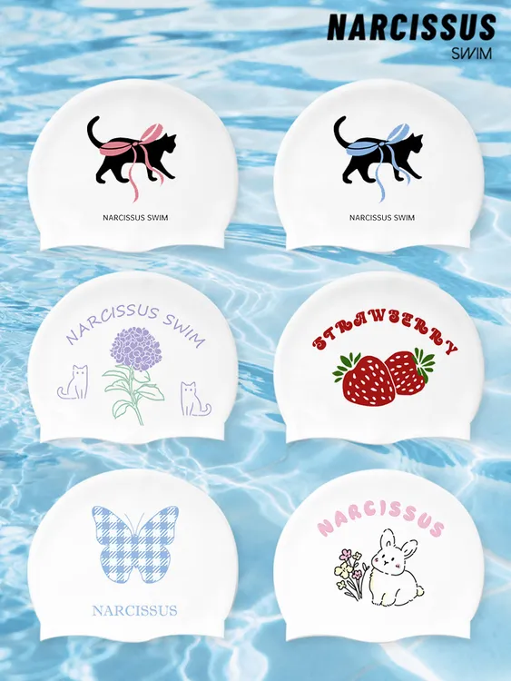 水仙SWIM小黑猫可爱卡通硅胶加大不勒头游泳防水护耳女生护发泳帽