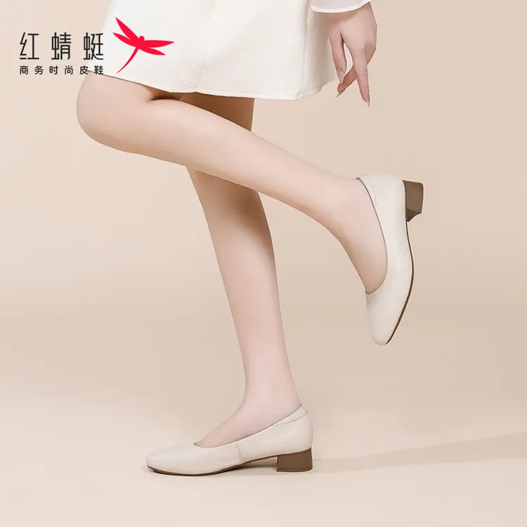 红蜻蜓女鞋秋秋低跟粗跟上班工作小皮鞋高跟鞋女软底真皮秋季单鞋