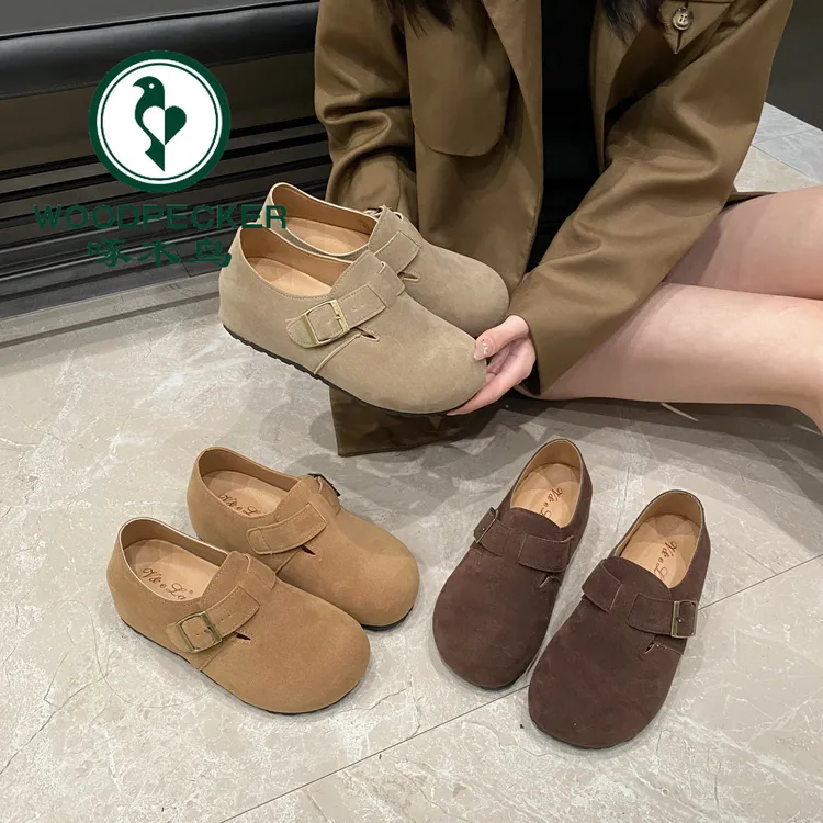 啄木鸟小个子超软内增高勃肯鞋女春秋新款厚底乐福丑萌博肯单鞋女