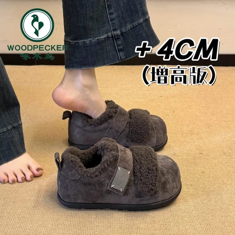 啄木鸟厚底内增高加绒豆豆鞋女款毛毛雪地靴2025新款冬季保暖棉鞋