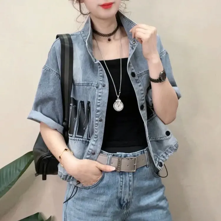 2025春季新款韩版宽松休闲百搭牛仔短袖女设计感小众牛仔短袖外套