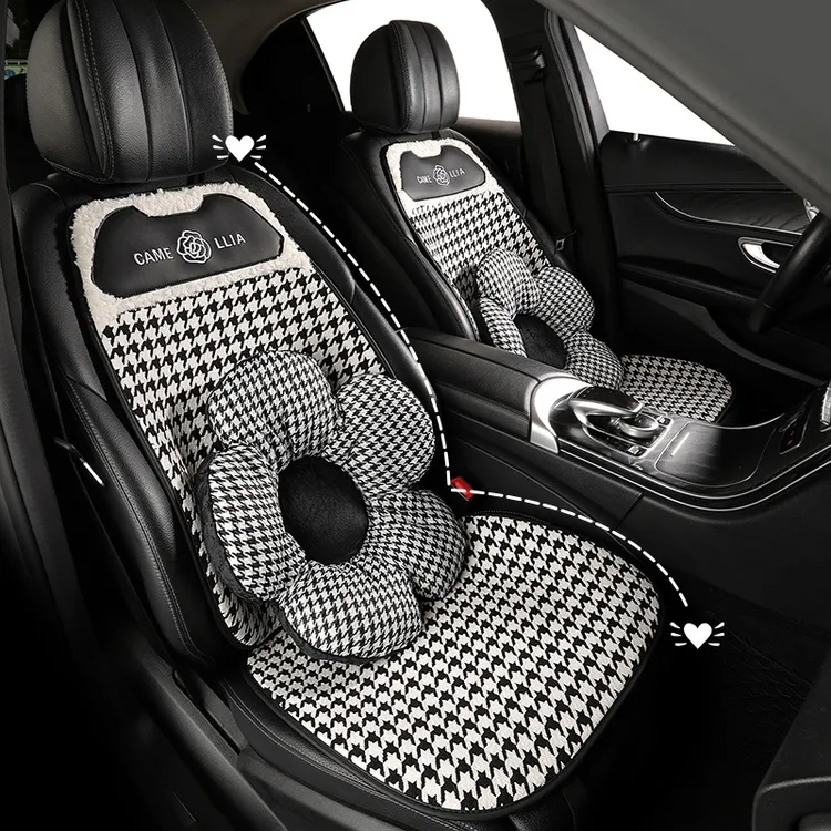 夏雷顿千鸟格汽车冬季坐垫毛绒保暖加绒加厚半包座椅套山茶花单垫