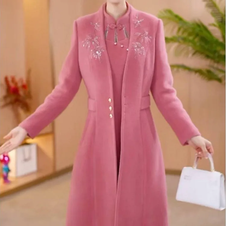 高档磨毛软精纺两件套改良旗袍礼服裙2025秋冬新款气质减龄套装裙