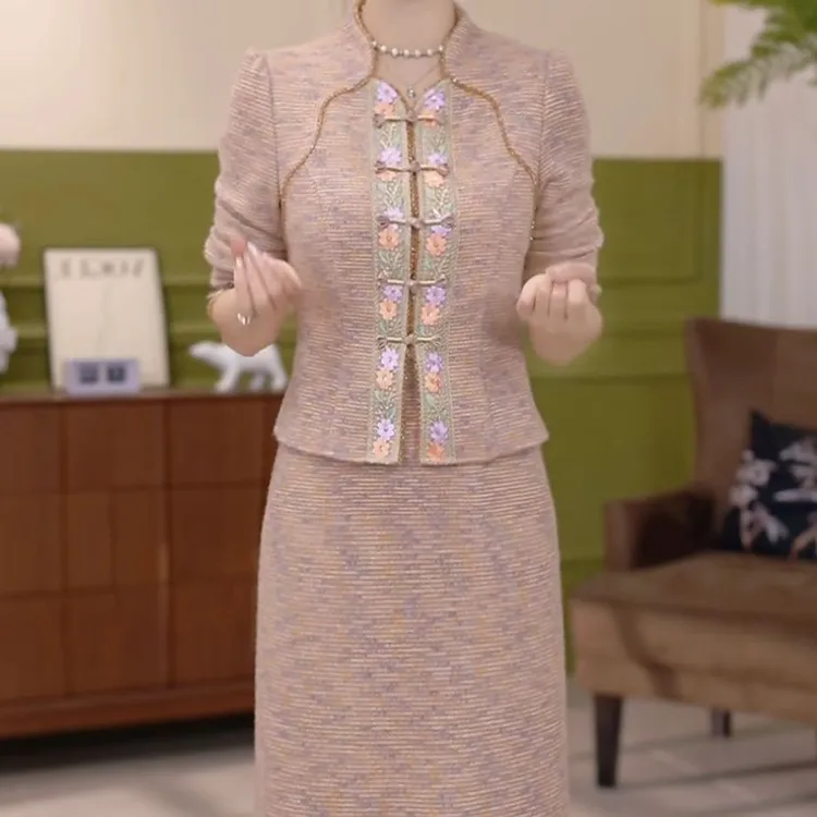 高档雪花绒假两件新中式拼接礼服裙2025秋季新款显瘦中长款连衣裙