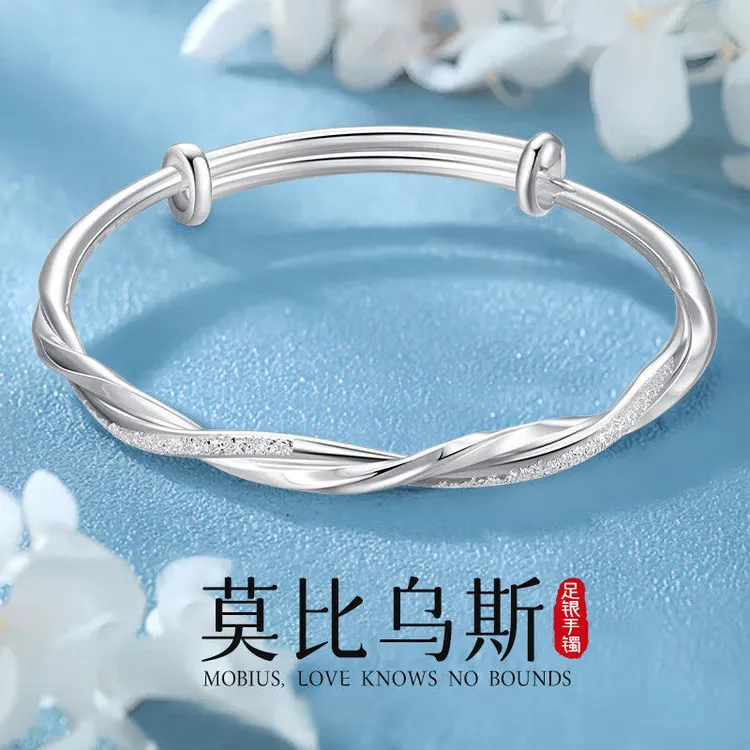 足银手镯 999莫比乌斯纯银手镯女实心推拉镯子百搭款送女朋友礼物