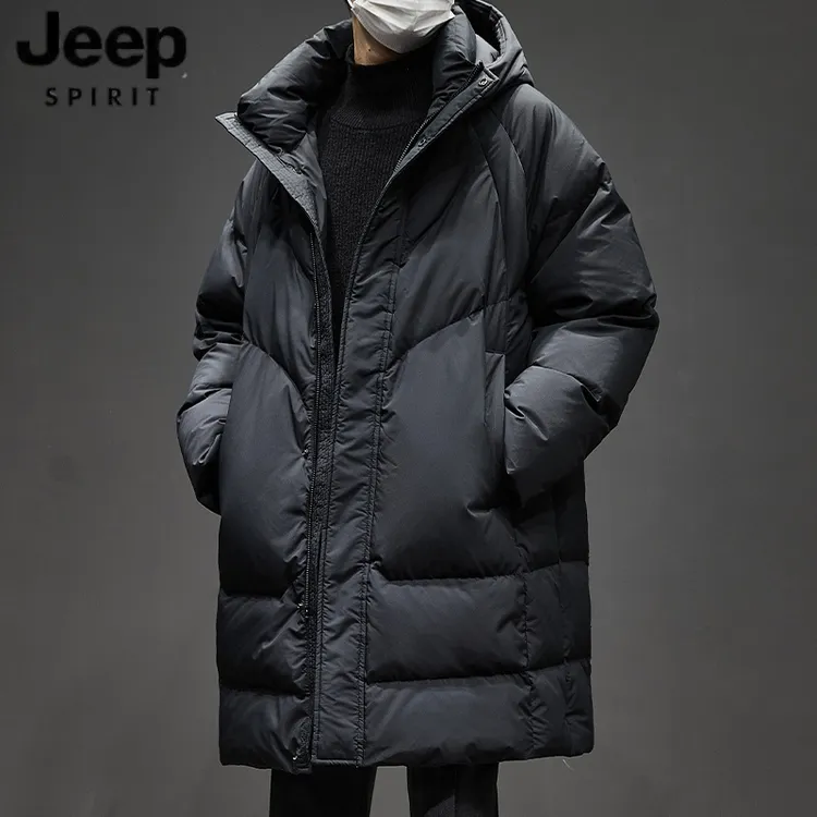 JEEP吉普中长款羽绒服男冬季新款防寒加厚保暖大衣白鸭绒连帽外套