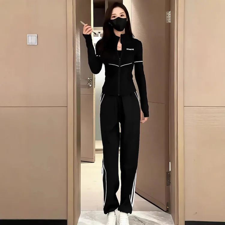 春季运动风套装2025新款微胖大码显瘦黑色修身翻领卫衣两件套女装