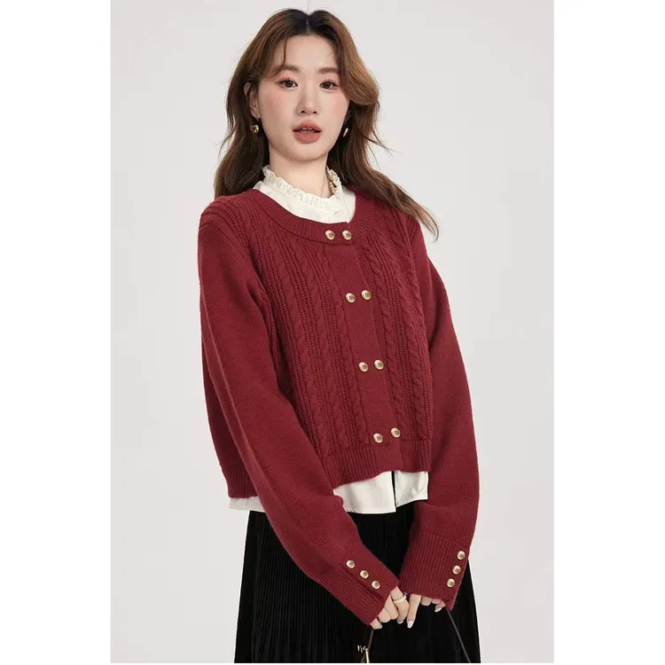 【福利】082冬季双排扣新款假两件针织开衫女木耳边毛衣外套