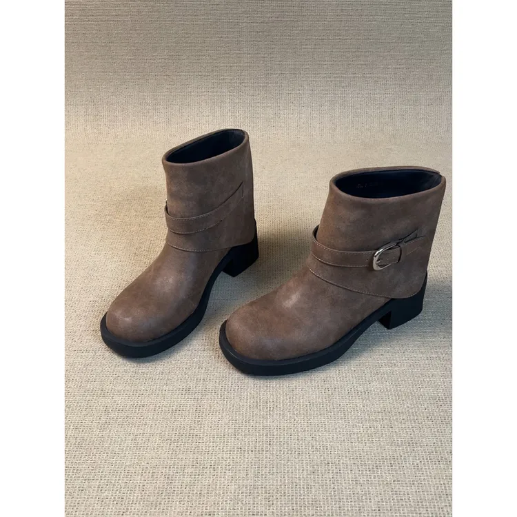 nnmiss·34-40/5cm百搭基础圆头皮带扣粗跟裤管靴复古厚底时尚短靴