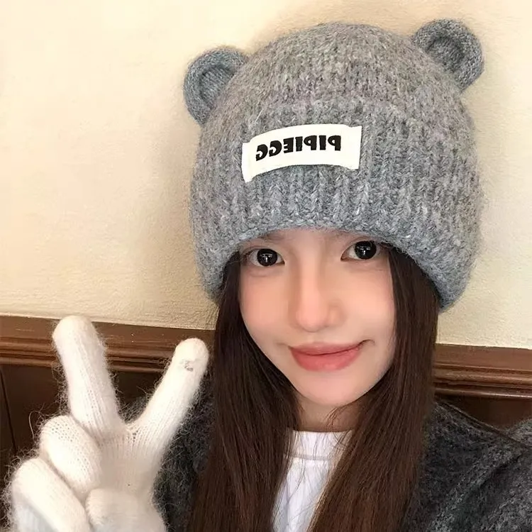 可爱小熊耳朵针织毛线帽秋冬百搭保暖女帽子加厚护耳针织冷帽帽子