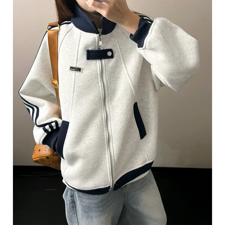 白花灰撞色拼接立领夹克男女秋冬季宽松学院风运动卫衣美式棒球服