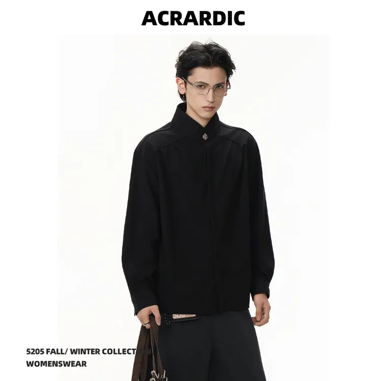 ACRARDIC潮牌通勤打褶立领长袖衬衫男高级感简约休闲百搭垂感衬衣