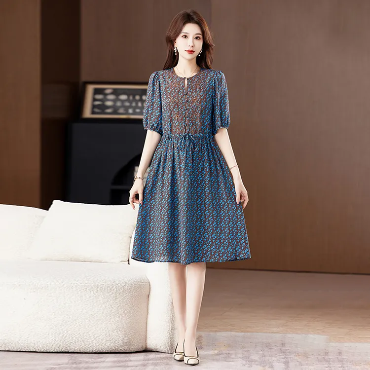 夏季真丝桑蚕丝连衣裙女装新款高端气质爆款印花复古宽松显瘦裙子