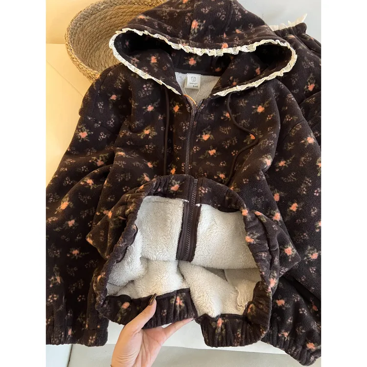 珊瑚绒连帽花边长袖睡衣女冬季新款开衫外套加绒加厚家居服套装