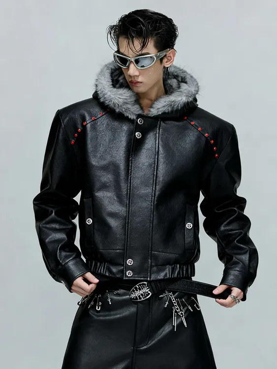 Argue脊煞重磅座山雕加绒加厚皮衣男 连帽大毛领棉服短宽棉衣外套