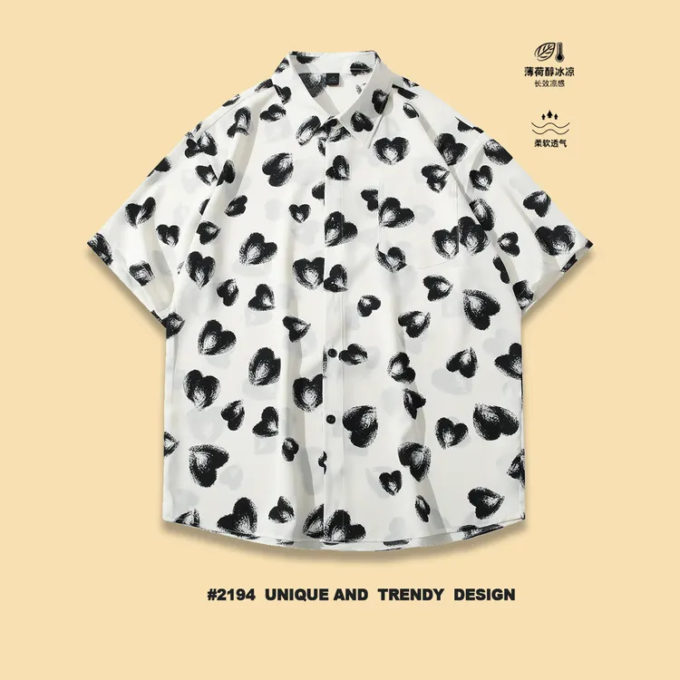 夏季薄款速干涂鸦爱心短袖花衬衫男款宽松沙滩海边休闲衬衣男生