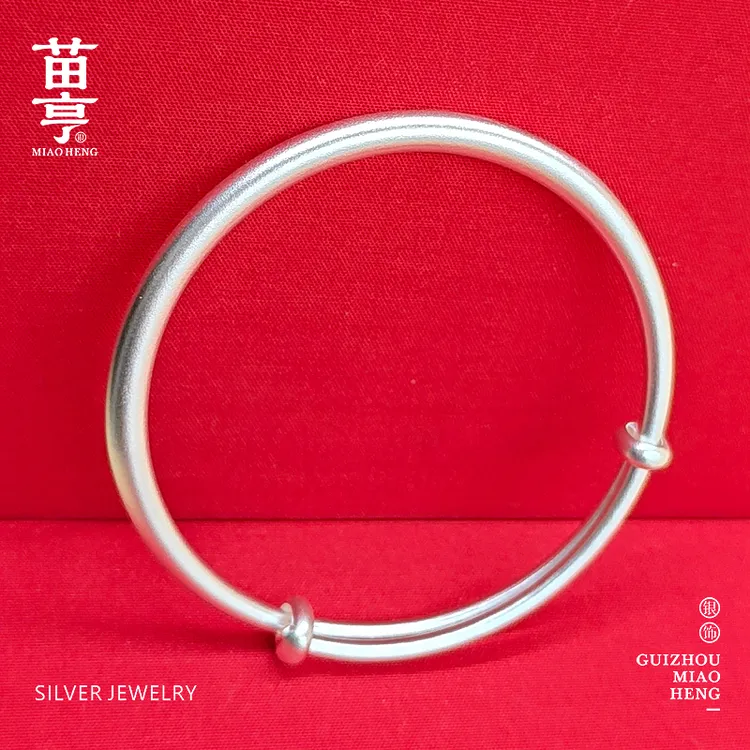 苗亨 足银手镯 足银999.9 古法圆肚手镯气质素圈推拉手镯Y018