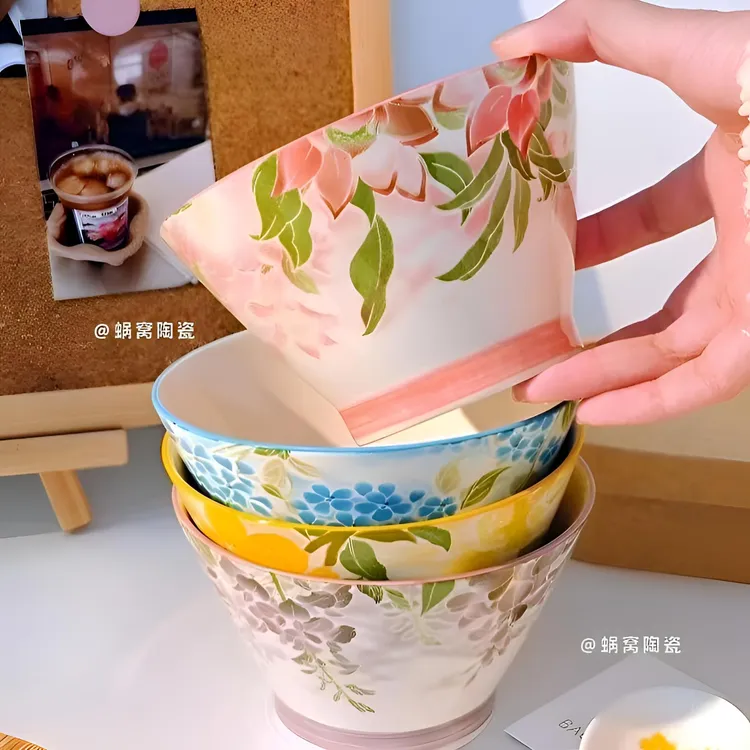 【一路生花】陶瓷家用5英寸斗笠碗釉下彩创意轻奢厚实吃饭碗高颜值