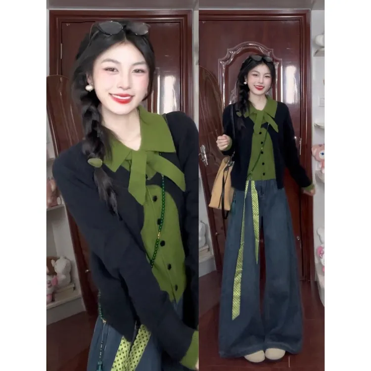 MARIE.COCO茶系穿搭撞色拼接假两件针织衫女秋季新款阔腿牛仔长裤