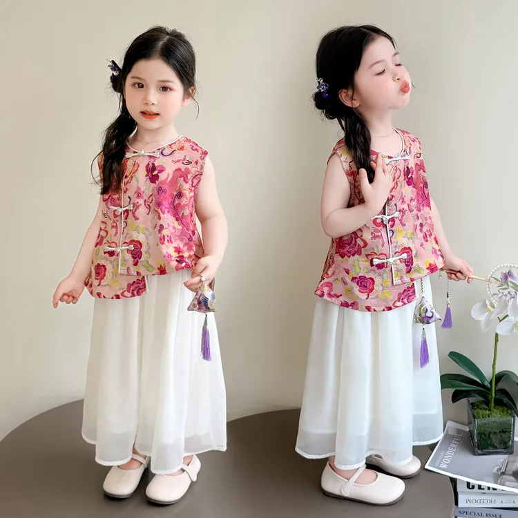 唐装套装复古无袖女宝夏季碎花中国风女童洋气盘扣背心裙裤两件套