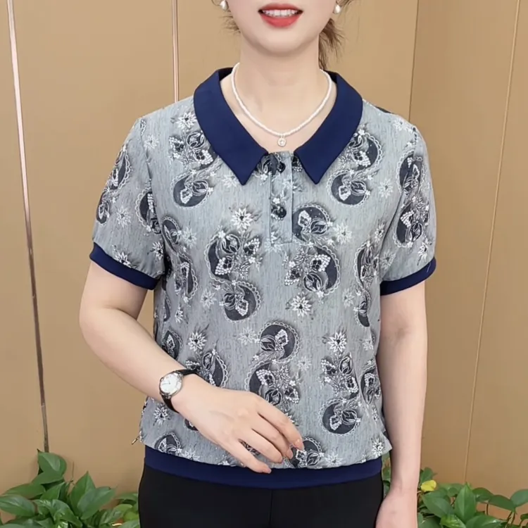 夏季新款精致翻领印花气质妈妈装宽松休闲百搭女士短袖上衣K813
