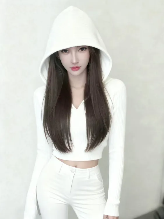 Z367白色甜酷辣妹风长袖连帽上衣2025新款修身显瘦打底衫