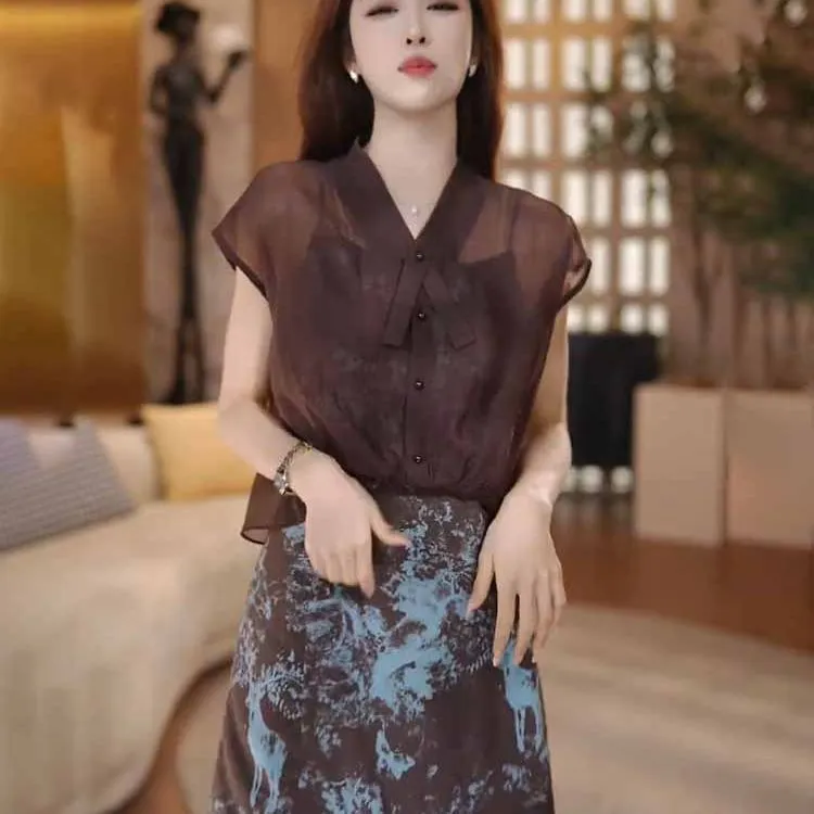 2025夏季新款法式高级感水墨印花吊带连衣裙衬衫两件套时尚套装女