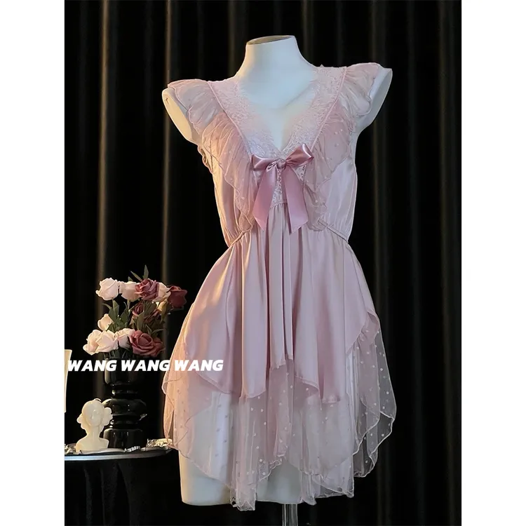 [WANG]80-150斤*夏季甜美蝴蝶结性感丝波点网纱吊带睡裙