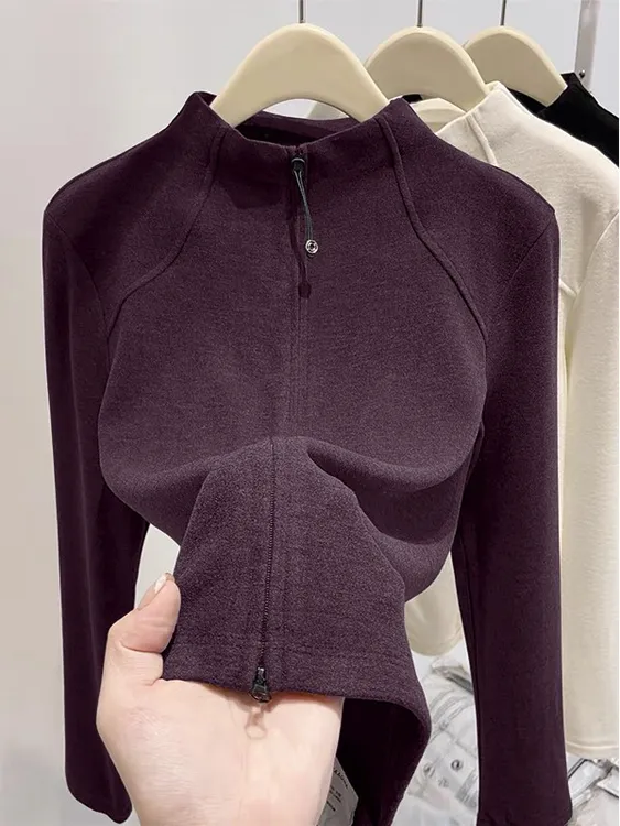 半高领德绒秋冬开衫外套女秋冬新款双拉链修身百搭卫衣内搭打底衫