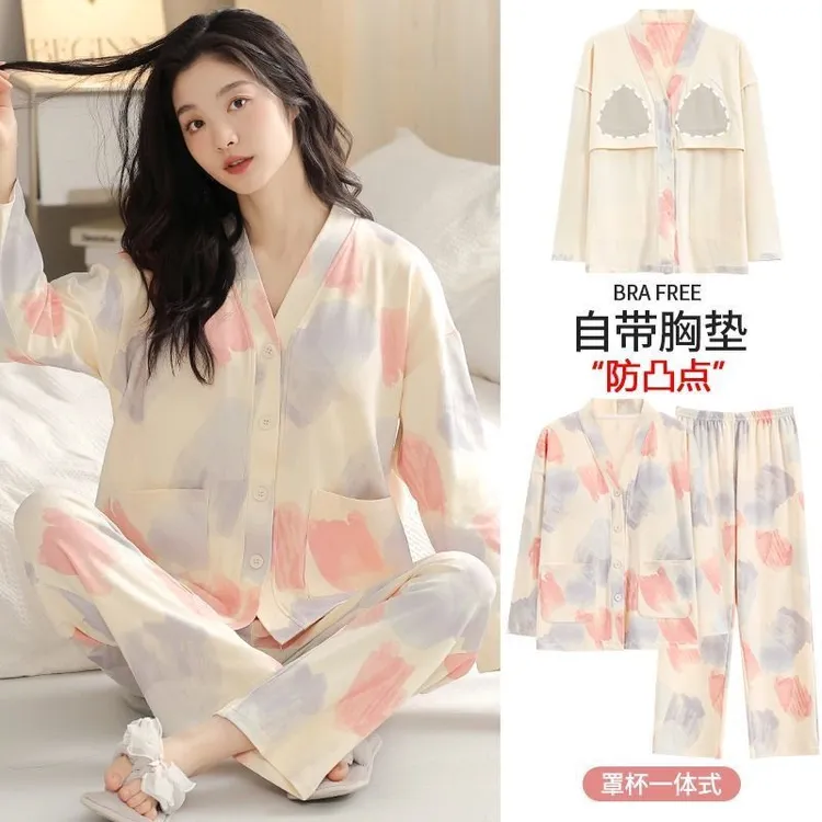 带胸垫一体睡衣女款春秋款纯棉长袖大码和服2025新款防凸点家居服