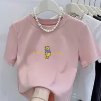 新款圆领小熊维尼黄色字母印花纯棉短袖小个子女修身显瘦百搭上衣