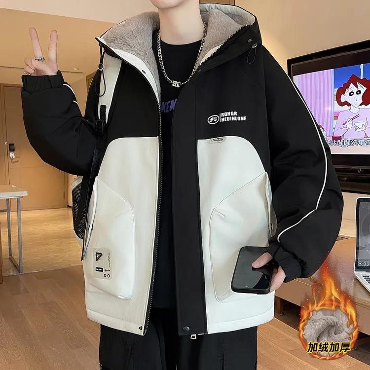 2025秋冬季新款男士上衣加绒加厚宽松夹克韩版潮流青少年连帽外套