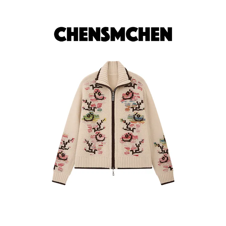 CHENSMCHEN【印象派玫瑰】绵羊毛提花开衫女时尚精致上衣CSM11611QQ