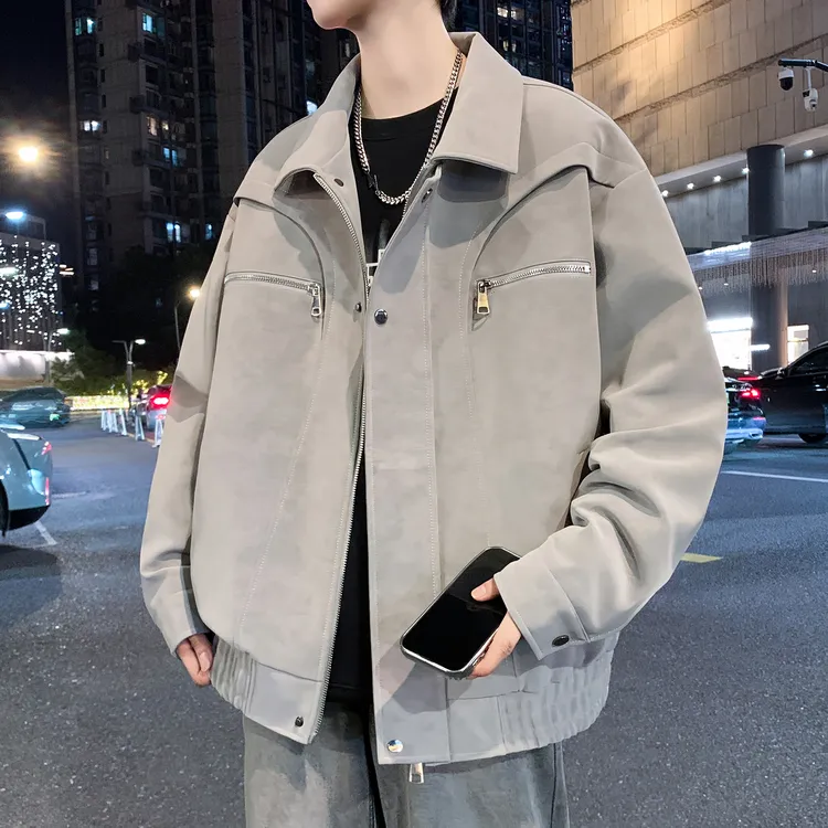 高档翻领外套男2025新款廓形机车夹克男潮牌春秋季美式复古上衣服