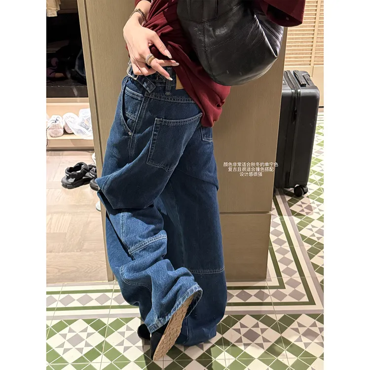 设计感复古蓝重工阔腿牛仔裤女秋季美式高腰宽松休闲直筒拖地裤子