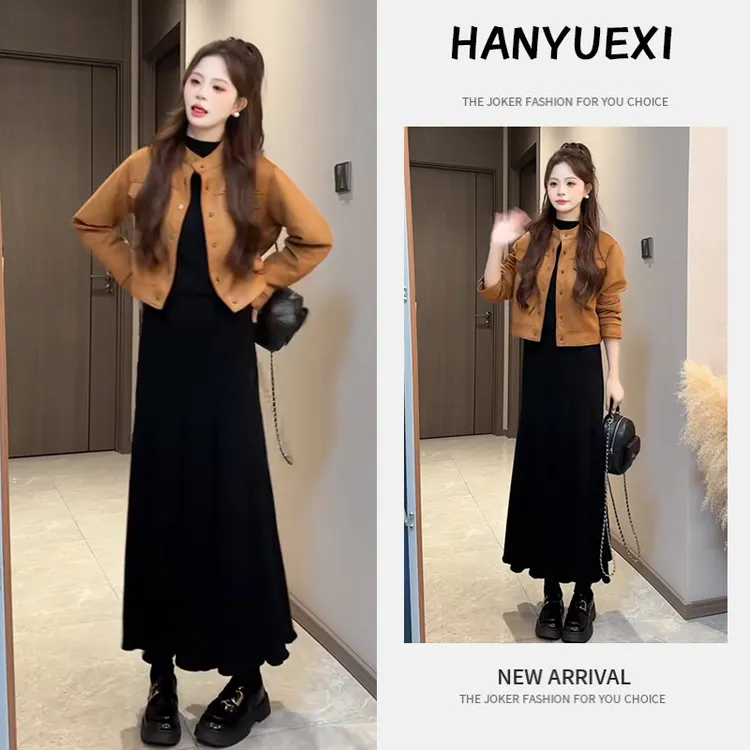 秋季搭配一整套女装2025新款韩版打底衫宽松皮衣外套半身裙三件套