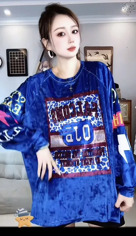 (AN.)潮牌钻石丝绒韩版休闲显瘦百搭宽松中长款长袖框格字母2110