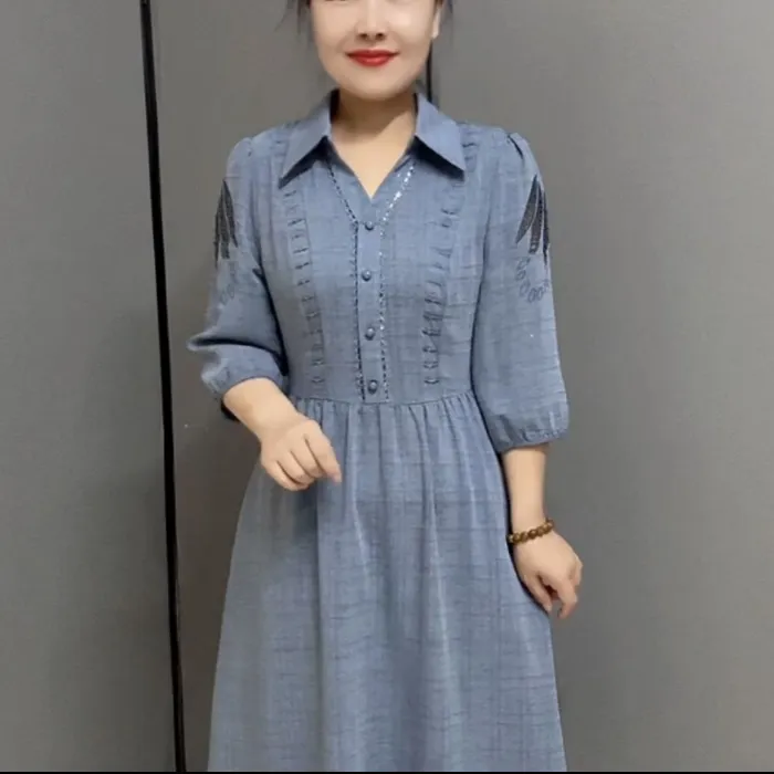 早秋新款收腰显瘦中长款25129妈妈装优雅气质长袖连衣裙