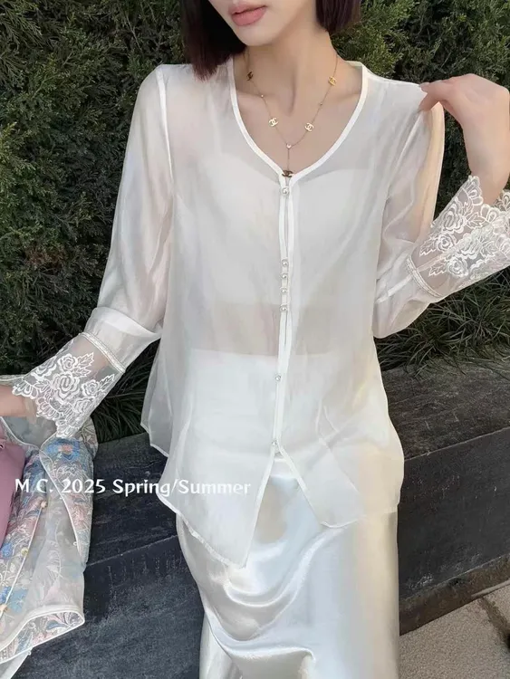 夏季宽松百搭防晒服外穿小衫蕾丝拼接国风气质显瘦