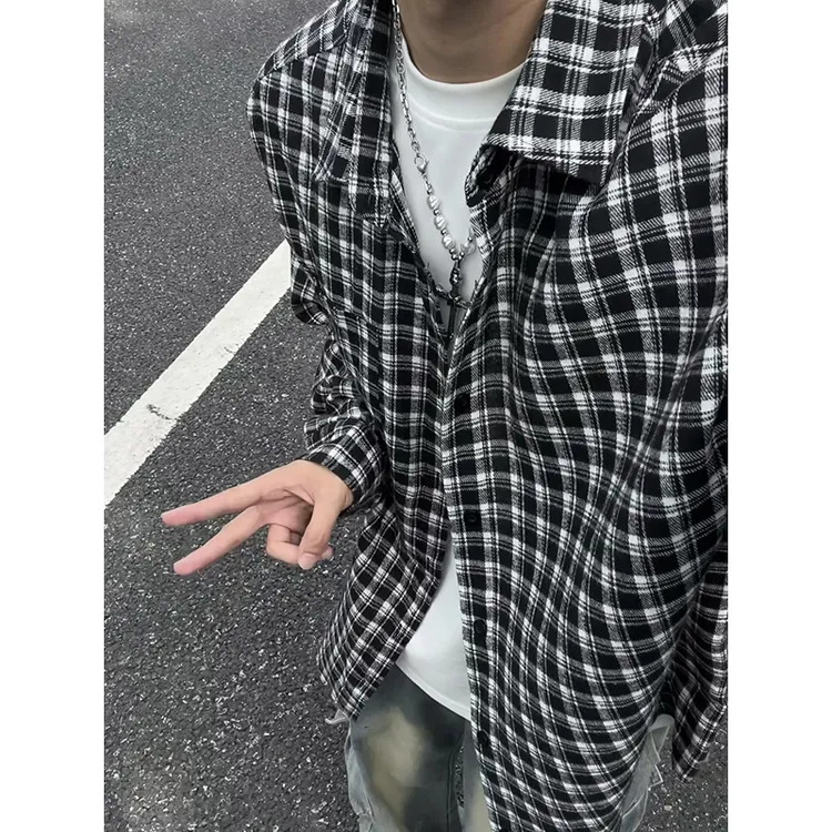 黑白格子长袖衬衫男秋季慵懒风格纹衬衣外套美式复古内搭叠穿上衣