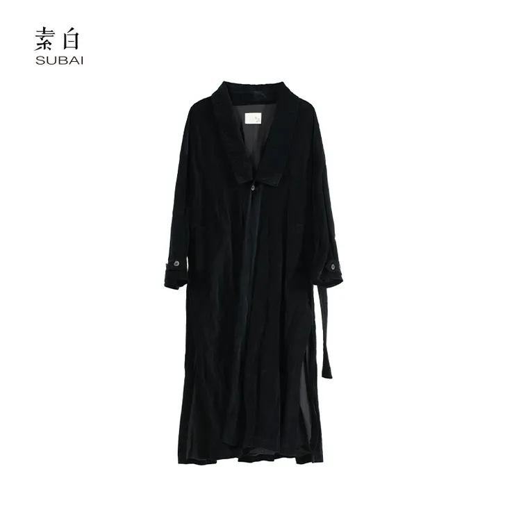 素白气质时尚【追素】SB3240793427黑色丝绒百搭长款风衣