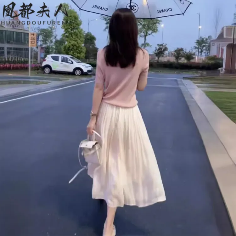 C高腰珠光流光纱半身裙女2025新款抽绳针织T恤夏两件套装裙a字伞