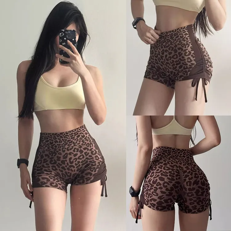 豹纹抽绳瑜伽裤三分无缝蜜桃高腰提臀紧身运动速干高弹健身裤Z339