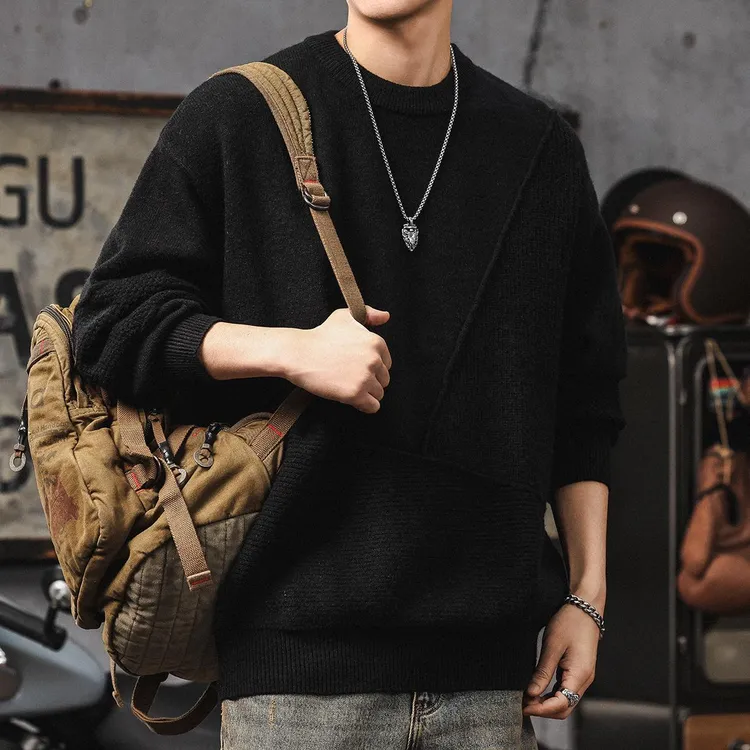 高级感圆领毛衣男青少年日系复古打底针织衫上衣秋冬长袖男士外套