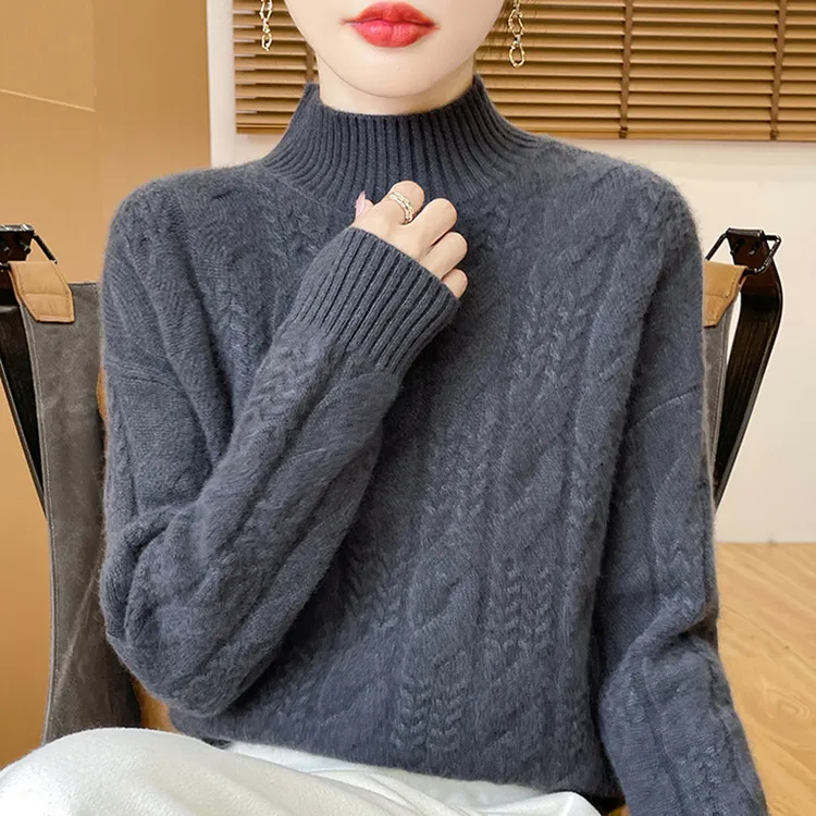 主播推荐 纯羊毛衫女半高领宽松针织毛衣套头加厚打底衫保暖慵懒
