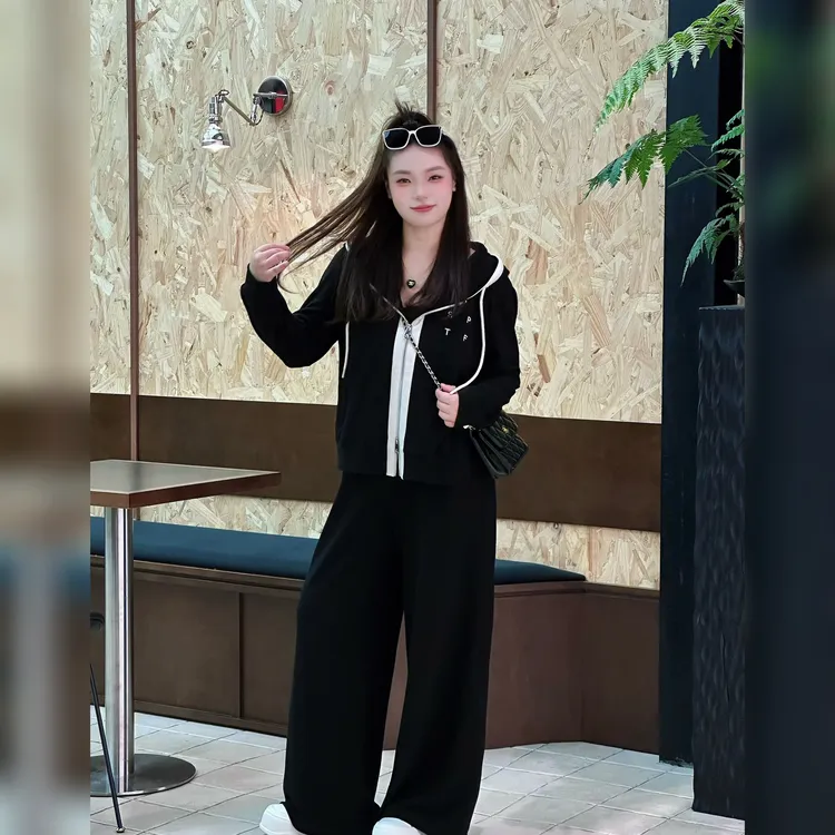 楠序【浪漫四季】魏魏微胖女装休闲运动连帽外套直筒裤套装NX13735