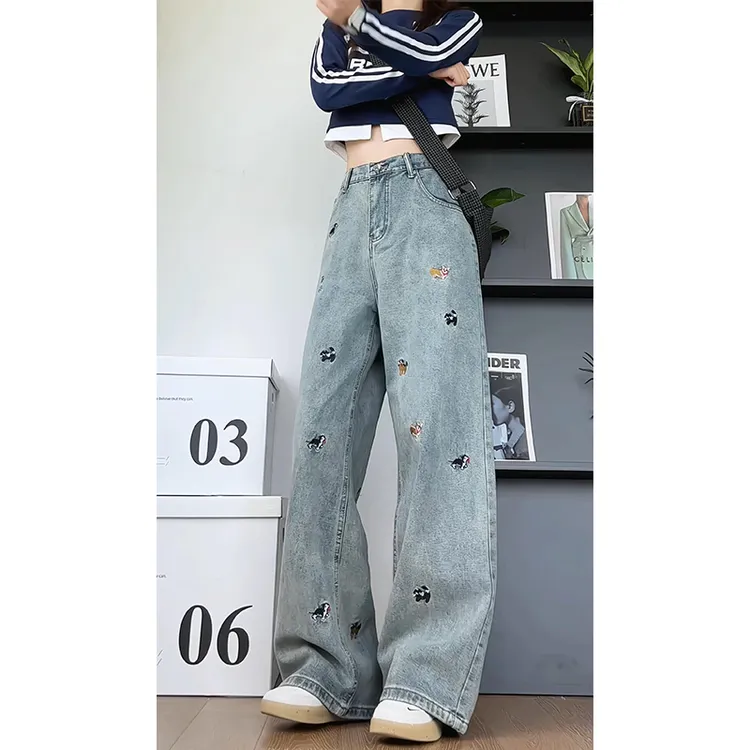 美式潮牌高街复古设计感卡通刺绣牛仔裤直筒宽松显瘦秋季高档裤子